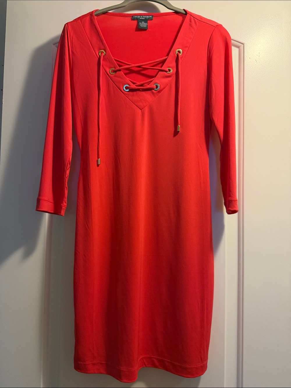 NWOT Chelsea & Theodore Coral Lace-Up V-Neck 3/4 Sleeve Shift Dress - XS